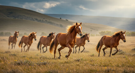 Wild Horses Running in a Prairie Landscape