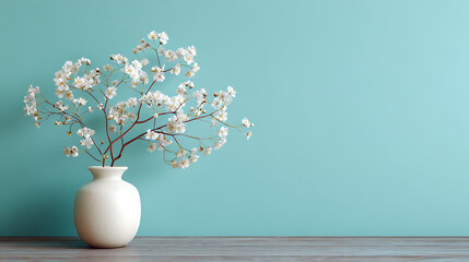 white flowers displayed in a vase placed before a pastel blue wall where subtle natural light and shadows enhance the calm elegant and minimal atmosphere