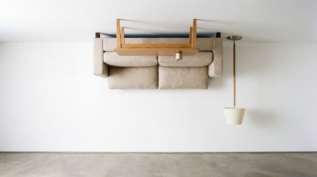 Beige couch and wooden table mounted upside down on a clean white ceiling.