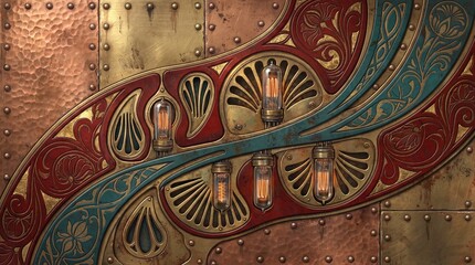 Naklejka premium Glowing vacuum tubes illuminate an intricate steampunk design with metallic scrollwork and rivets.