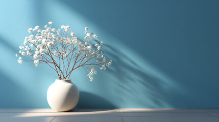 white flowers displayed in a vase placed before a pastel blue wall where subtle natural light and shadows enhance the calm elegant and minimal atmosphere