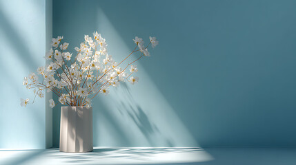 white flowers displayed in a vase placed before a pastel blue wall where subtle natural light and shadows enhance the calm elegant and minimal atmosphere