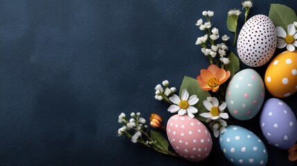 Brightly colored Easter eggs with patterns rest among white flowers and green leaves on a dark surface capturing the spirit of spring festivities and joy.