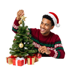 little boy in santa hat with gifts isolated on white background