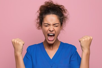 Enraged African American Nurse Screaming with Fists Up