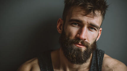 rugged hipster male with strong facial features, well groomed beard, confident expression and relaxed posture photographed in a clean portrait style suitable for contemporary fashion and lifestyle con
