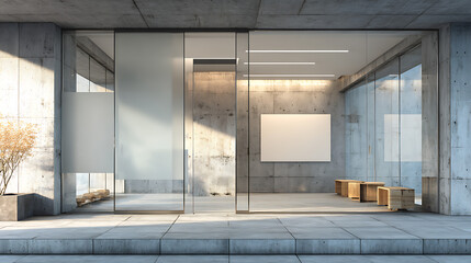 modern office space with frosted glass sliding doors and a clean blank panel on a concrete wall offering a bright contemporary setting suitable for signage branding and informational displays