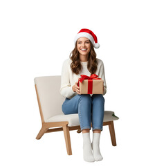 young woman in santa hat with gift isolated on white background