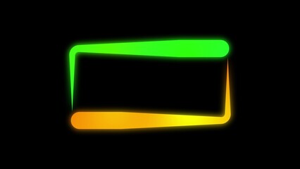 Abstract glowing neon rectangle frame with vibrant green and orange light against a dark black background