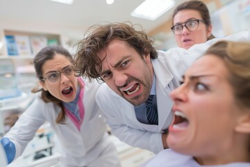 Fototapeta premium Scared Female Patient and Crazy Dentists in a Dental Office