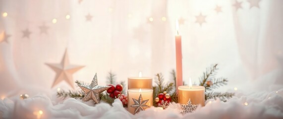 Decorative candles and ornaments creating a cozy holiday atmosphere in soft lighting