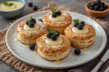 Delicious pastry desserts topped with cream and blackberries served on a white plate
