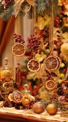 dried orange slices, cinnamon sticks and red berries hanging on the christmas tree