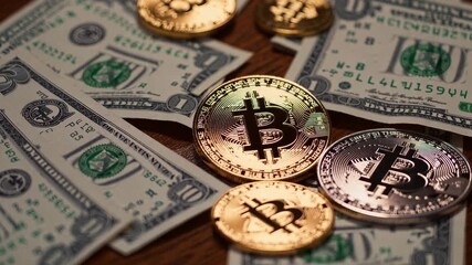 Bitcoin cryptocurrencies surrounded by dollar bills on wooden table. Financial investment concept showcases modern wealth. Digital currency future meets cash economy. Money exchange reflected in - Powered by Adobe