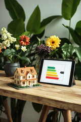 Energy efficient house project showcasing sustainable living with plants and digital tools
