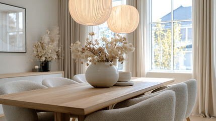 cozy scandinavian dining area featuring light wood furniture, beige chairs, soft natural lighting from a large window, clean minimalist design and neutral tones enhancing warm modern interior style