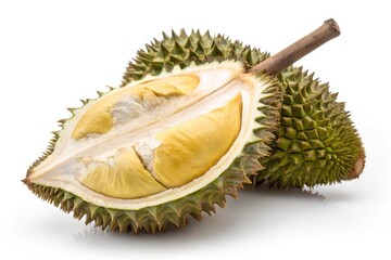 Fototapeta premium Fresh Durian Fruit Cut Open Showing Creamy Yellow Flesh and Spiky Exterior
