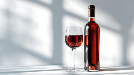 red wine glass and bottle showcased in a clean minimal environment with natural lighting that enhances shadows and creates a serene modern aesthetic focused on beverage elegance