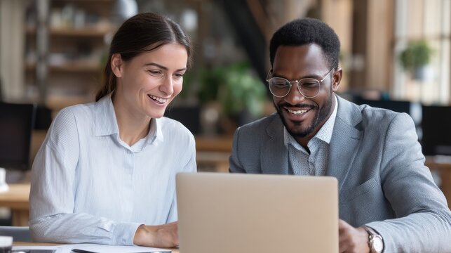 In a well lit office a man and a woman sit at a table focused on a laptop. They smile as they discuss ideas and share insights enjoying the collaborative atmosphere in their workspace.