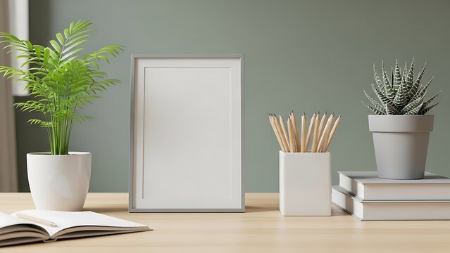 Minimalist workspace setup with plants frame and stationery items on desk