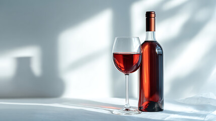 red wine glass and bottle showcased in a clean minimal environment with natural lighting that enhances shadows and creates a serene modern aesthetic focused on beverage elegance