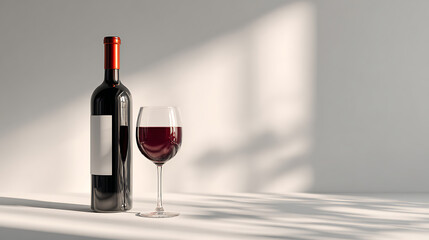 red wine glass and bottle showcased in a clean minimal environment with natural lighting that enhances shadows and creates a serene modern aesthetic focused on beverage elegance