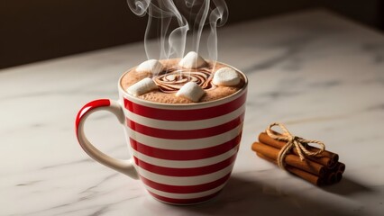 Enjoy a steaming mug of hot chocolate topped with marshmallows and a swirl of chocolate syrup with cinnamon sticks on a marble table