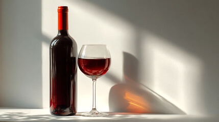 red wine glass and bottle showcased in a clean minimal environment with natural lighting that enhances shadows and creates a serene modern aesthetic focused on beverage elegance