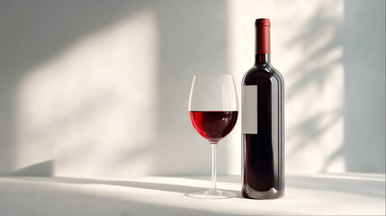 red wine glass and bottle showcased in a clean minimal environment with natural lighting that enhances shadows and creates a serene modern aesthetic focused on beverage elegance