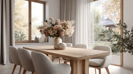 cozy scandinavian dining area featuring light wood furniture, beige chairs, soft natural lighting from a large window, clean minimalist design and neutral tones enhancing warm modern interior style