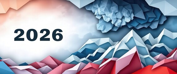 Colorful geometric mountain landscape with the year 2026 in bold numbers