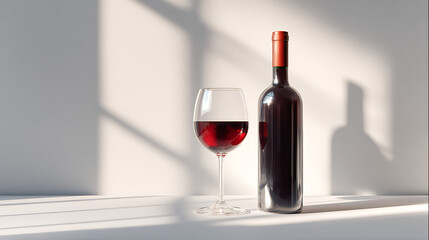 red wine glass and bottle showcased in a clean minimal environment with natural lighting that enhances shadows and creates a serene modern aesthetic focused on beverage elegance
