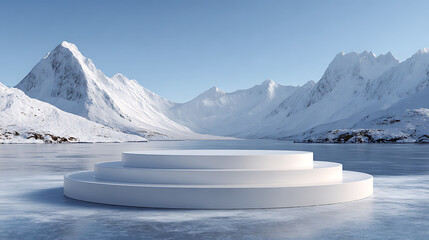 modern winter product presentation setup featuring a floating white podium in an arctic environment, frozen lakes, snow peaks, and soft light blending into a pure minimal background aesthetic