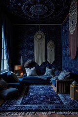Cozy and tranquil bohemian living room with dark blue decor and macrame wall hangings