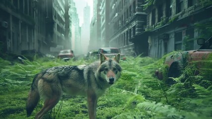 Destroyed ruins abandoned buildings apocalypse scene of city. A vivid, atmospheric urban scene with a wolf in the foreground and a cityscape in the background.