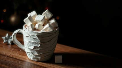 Cozy cup of hot chocolate topped with fluffy marshmallows during winter evening