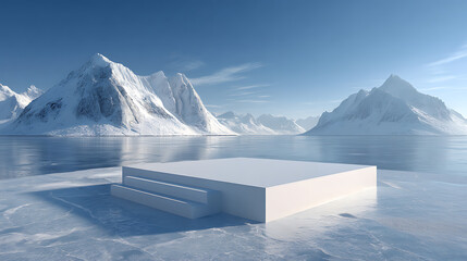modern winter product presentation setup featuring a floating white podium in an arctic environment, frozen lakes, snow peaks, and soft light blending into a pure minimal background aesthetic