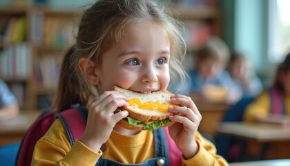 Little schoolgirl enjoys her healthy sandwich in classroom. She eats lunch with cheese and green lettuce. Young child wears backpack at school desk. Kids have break time, get snack during recess.