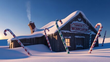 Magical Santa's Workshop scene with snow covered roof and giant candy canes, a Christmas wonderland fantasy, holiday cheer and winter magic