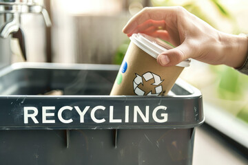 Sustainable office recycling bin encourages eco friendly habits as hand places paper cup into container promoting responsible waste management and environmental awareness