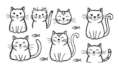 Collection of Hand Drawn Black and White Cats and Fish Illustrations Keywords: cat, cats, kitten, feline, animal, cute, cartoon, drawing, sketch, illustration, doodle, outline, graphic, design