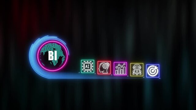 BI shows glowing neon line banner of  concept with icons of responsibility, customers, integrity, goals, teamwork, commitment and innovation on virtual screen. technology background