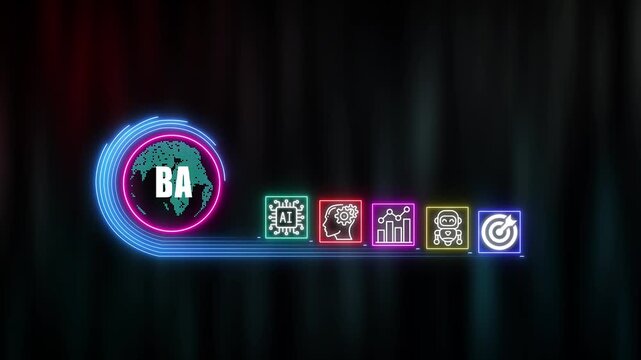 BA shows glowing neon line banner of  concept with icons of responsibility, customers, integrity, goals, teamwork, commitment and innovation on virtual screen. technology background