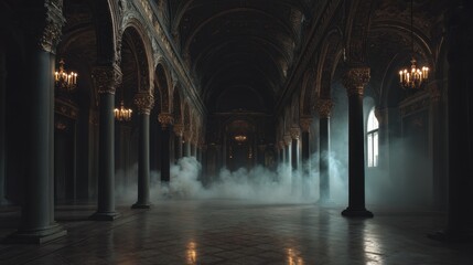 Fototapeta premium Fog flows through a stunning grand hall adorned with tall columns and intricate chandeliers. The architectural details create a mysterious and captivating atmosphere in the soft evening light.