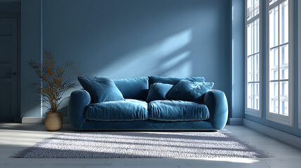 blue living room featuring a cozy sofa refined decor and natural lighting that casts gentle shadows enhancing the contemporary design and peaceful home environment