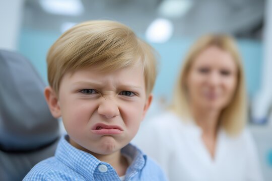 Disgusted little boy making a face at the dentist - Powered by Adobe