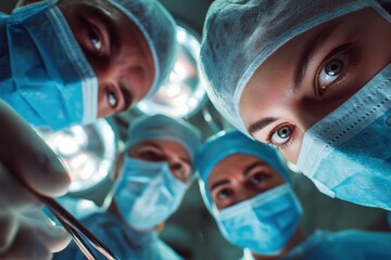 Team of intense surgeons looking down at a patient