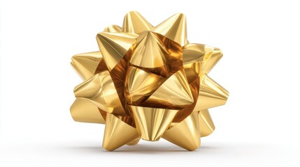 The shiny golden gift bow is positioned on a clean white surface capturing light and creating reflections. It adds a festive touch to holiday decorations and gifts.