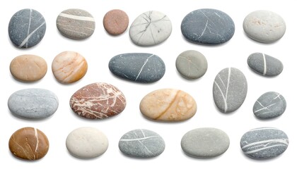 Assortment of smooth, water-worn stones against a clean white backdrop
