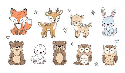 Fototapeta premium Cute Woodland Animals Collection Fox Deer Bear Owl Bunny With Stars And Hearts vector illustration